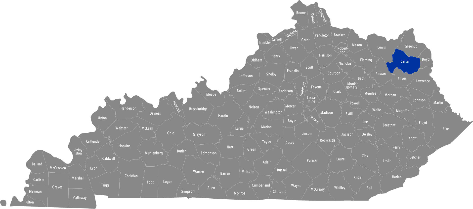 State of Kentucky map with Carter County highlighted 